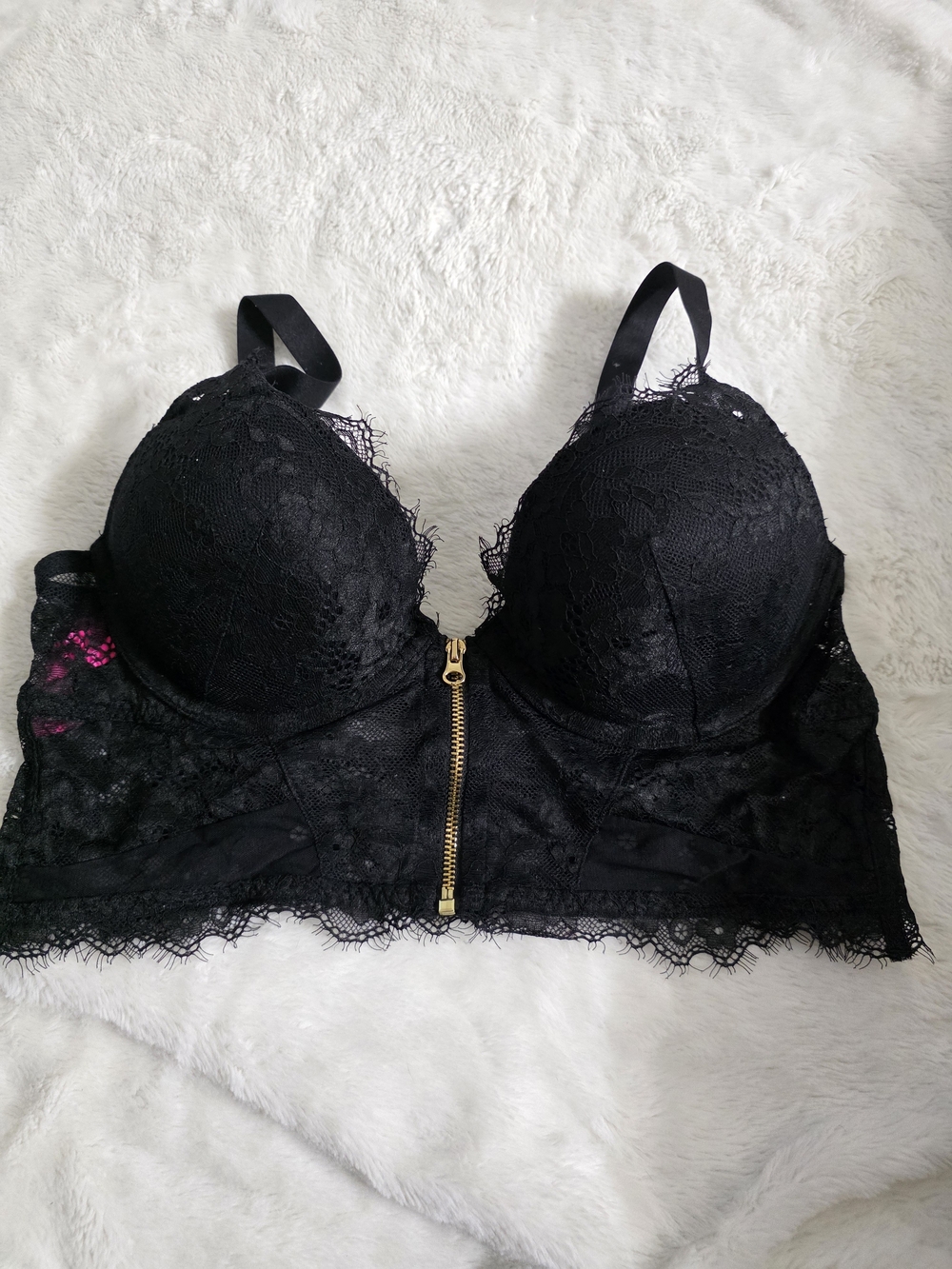 La SENZA Black Lace Longline Bralette with Gold Front Zip